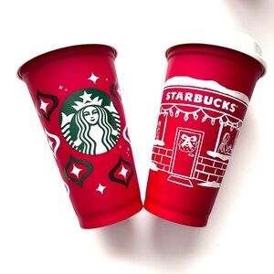 Set of 2 New Starbucks Reusable Red Holiday Christmas Plastic Cups w/ Lids
